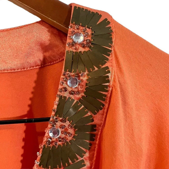 Kenneth Cole Orange Batwing Blouse Size Large Beaded Rhinestone Bling Flowy Top - Picture 6 of 9